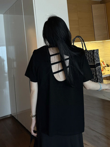 短袖设计感上衣露背棉女t恤黑色