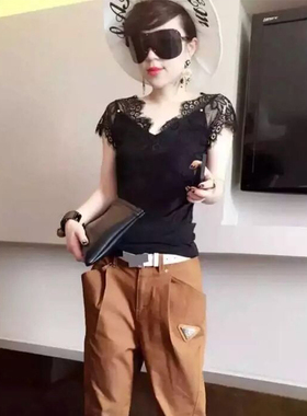 新款大码女装V领短袖睫毛蕾丝衫莫代尔拼接上衣女T百搭性感打底衫