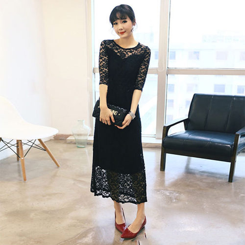 蕾丝连衣裙新娘圆领打底大码女装