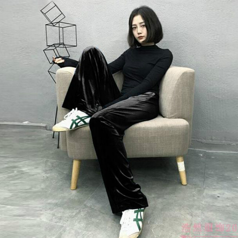 阔腿裤金丝绒女黑色加绒韩版大码女装松紧腰显瘦口袋长裤高腰垂感