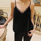 早春新款 黑色金丝绒性感内搭背心 V领短款 欧版 蕾丝花边打底吊带衫