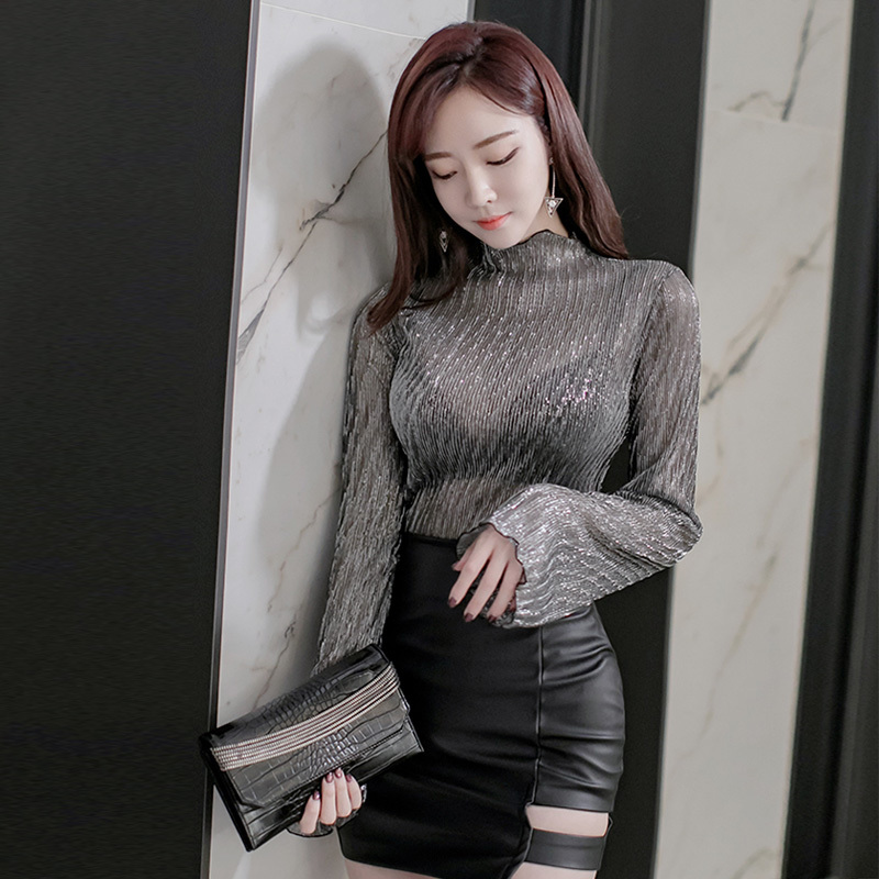 新品高领亮丝透肉闪光心机打底衫