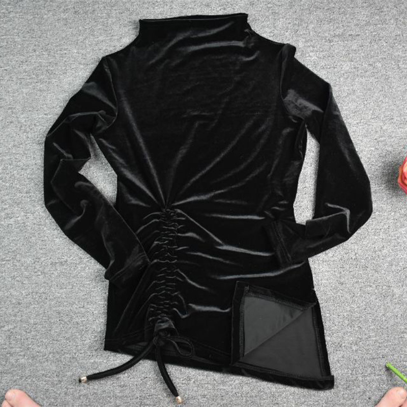 金丝绒立领不规则下摆抽绳打底衫