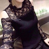 新款 修身 蕾丝衫 欧洲站秋季 大码 女打底衫 针织长袖 性感露肩T恤女潮