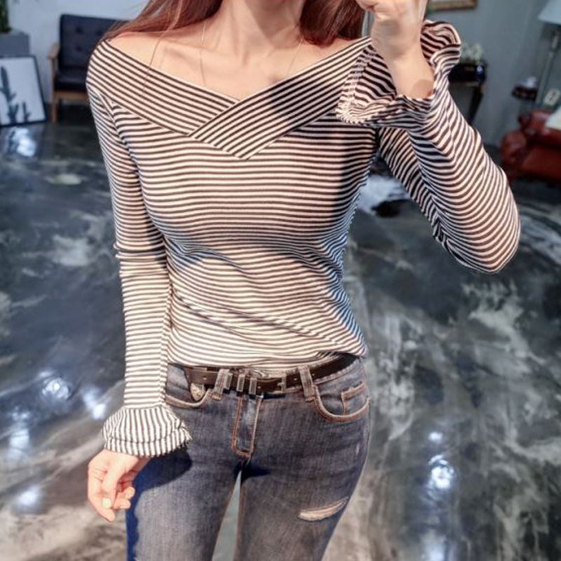 条纹针织衫T恤大码女装长袖衣服