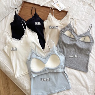 枫之欣2682轻熟天花板 麻灰色蕾丝v领吊带软糯螺纹棉温柔吊带女