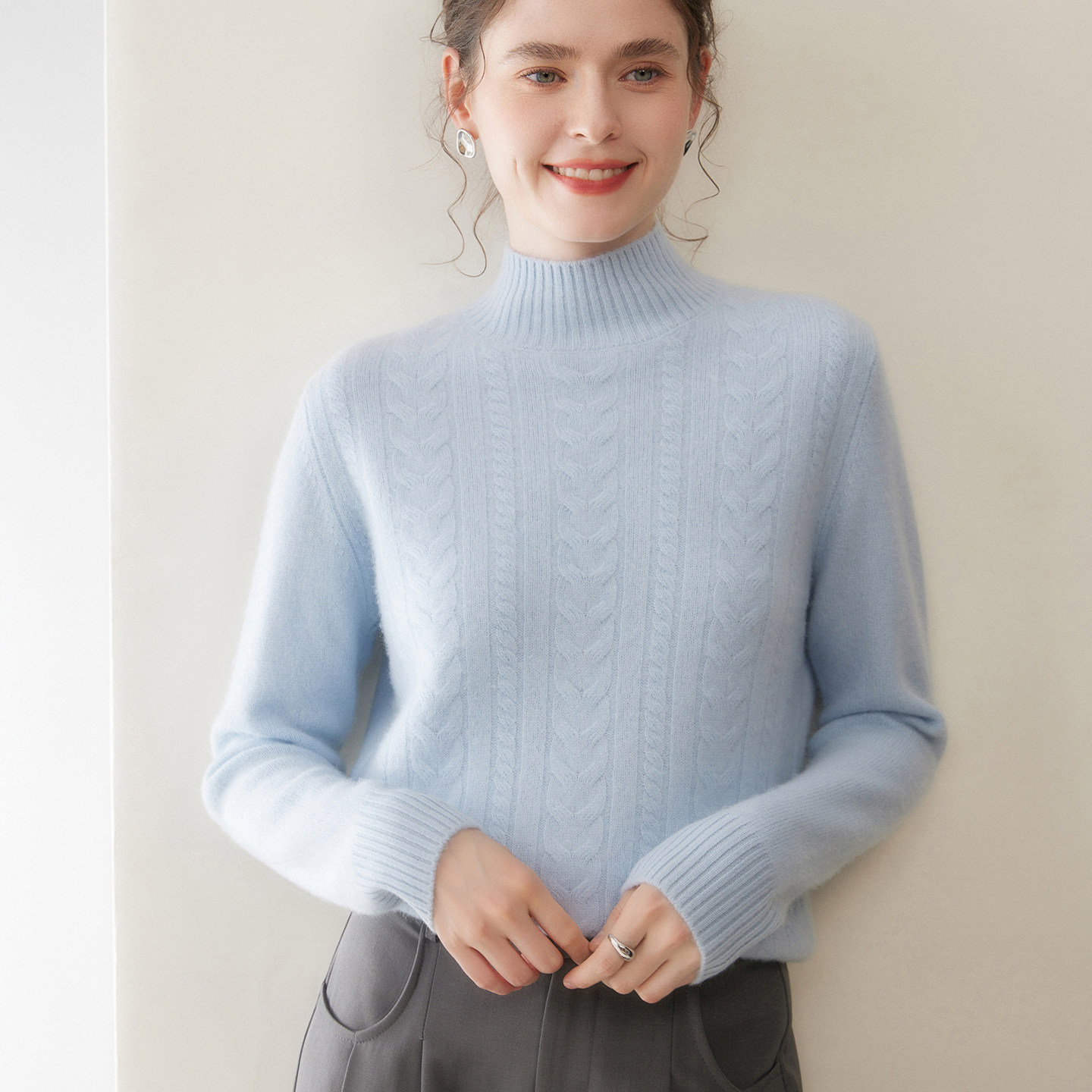 30%~含量款山羊绒衫女半高领绞花针织打底衫宽松显瘦毛衣内搭上衣,女装/女士精品,羊绒衫,淘宝优惠券,粉丝福利购,淘宝优惠卷