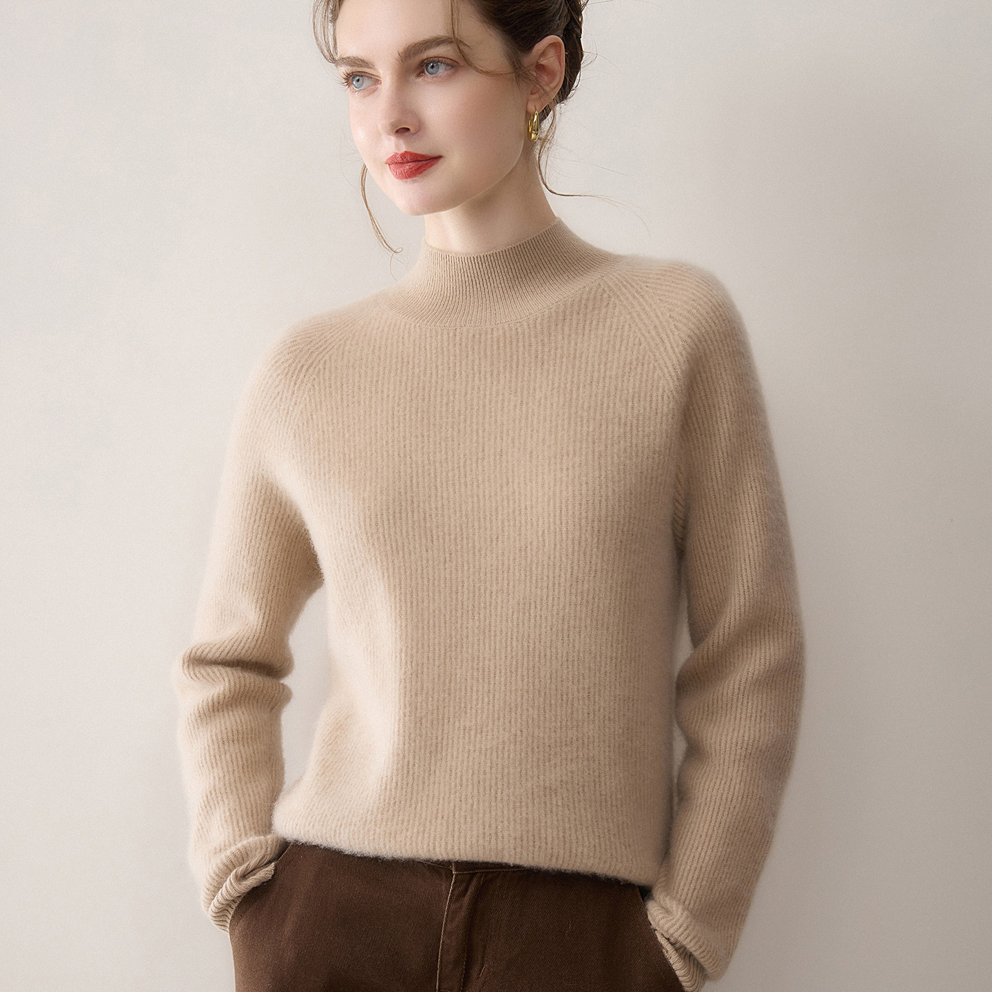 康赛妮~元宝针半高领插肩袖山羊绒衫女宽松显瘦针织毛衣打底上衣,女装/女士精品,羊绒衫,淘宝优惠券,粉丝福利购,淘宝优惠卷