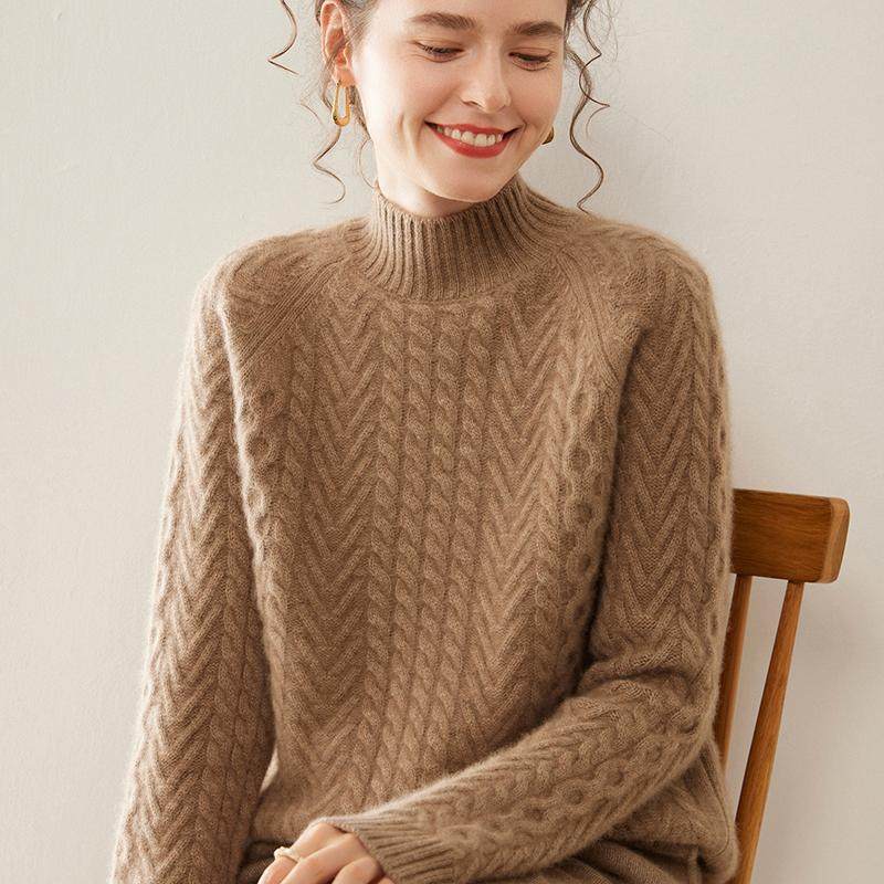 30%~含量冬山羊绒衫女半高领三股麻花插肩加厚针织打底保暖毛衣女