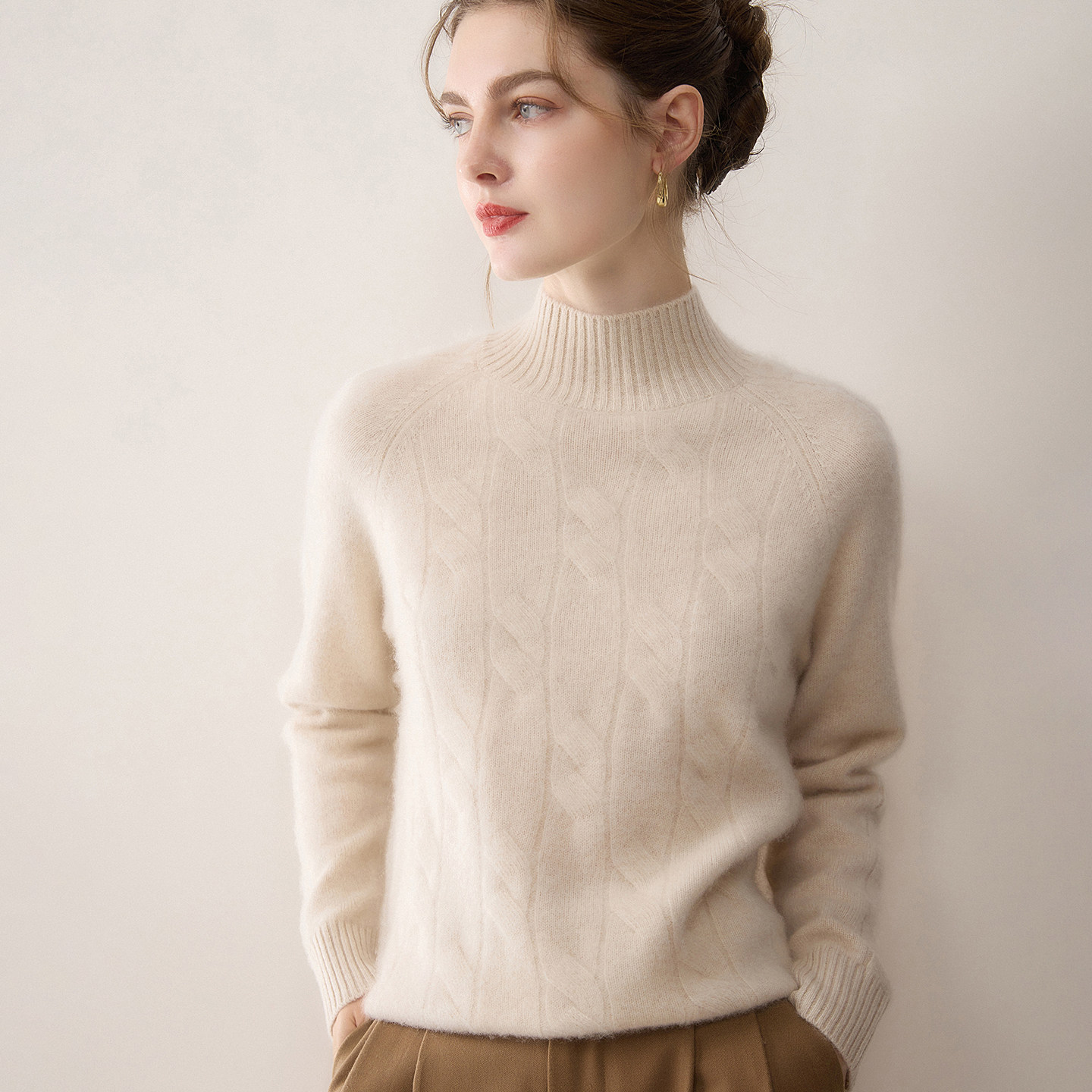 康赛妮~七针加厚半高领插肩绞花山羊绒衫女宽松显瘦毛衣百搭打底,女装/女士精品,羊绒衫,淘宝优惠券,粉丝福利购,淘宝优惠卷