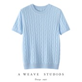 羊绒衫 正肩女针织短袖 宽松半袖 2025春夏款 女绞花圆领打底衫 小个子