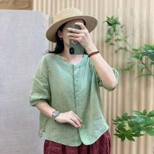 古韵夕木高端苎麻衬衫女2025夏季新款文艺复古手工刺绣单排扣上衣
