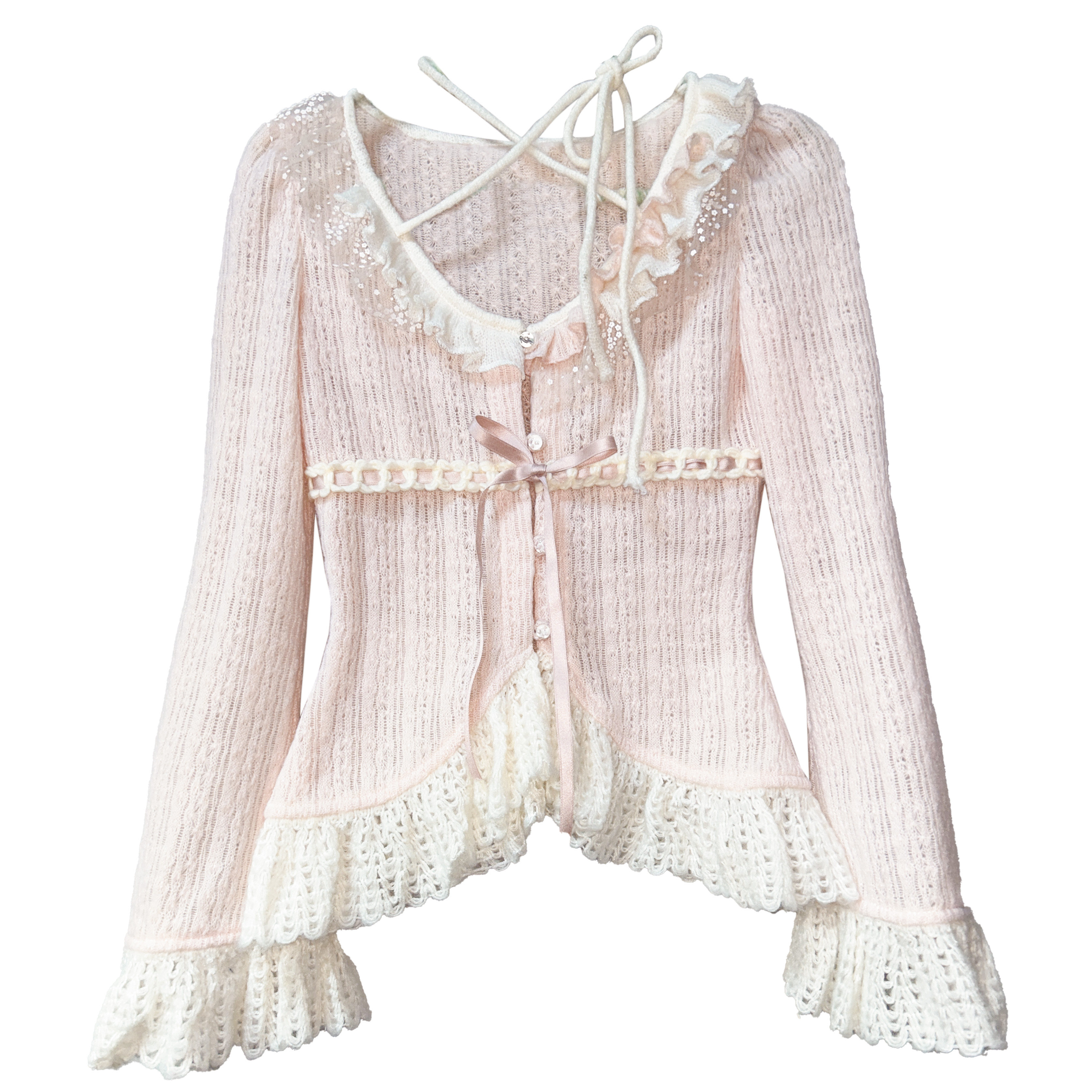 thumbnail for ROSEISLAND Soft Dream flared knitted bootcut cardigan with asymmetric lace panels and halterneck ties