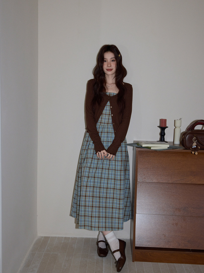 Model wearing a blue plaid dress with a brown cardigan and brown shoes