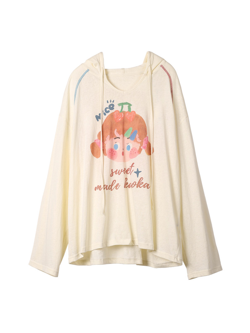 Cream hooded long-sleeve sweatshirt with a cute cartoon graphic and text print