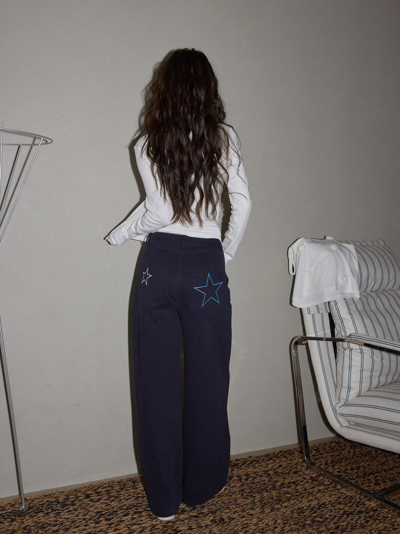 Model wearing navy wide-leg pants with star graphics and a white long-sleeve top