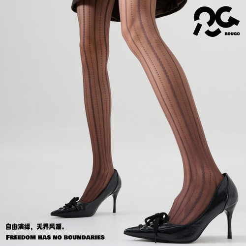 Rougo罗口咖色超薄款防勾丝春夏性感连裤袜精致百搭条纹丝袜女0d