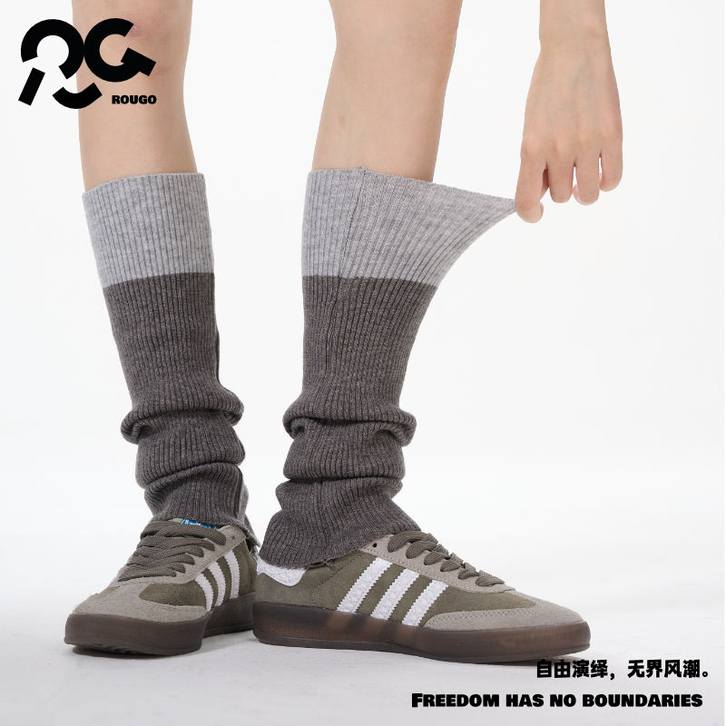 自由至上｜灰色撞色针织袜套春秋款白色中筒腿套ins潮秋冬堆堆袜