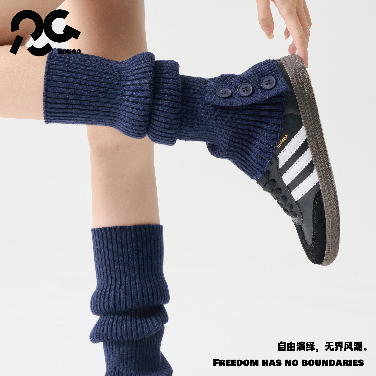 Rougo罗口中筒纽扣羊毛堆堆针织袜套安可拉红秋冬保暖竖条纹毛线