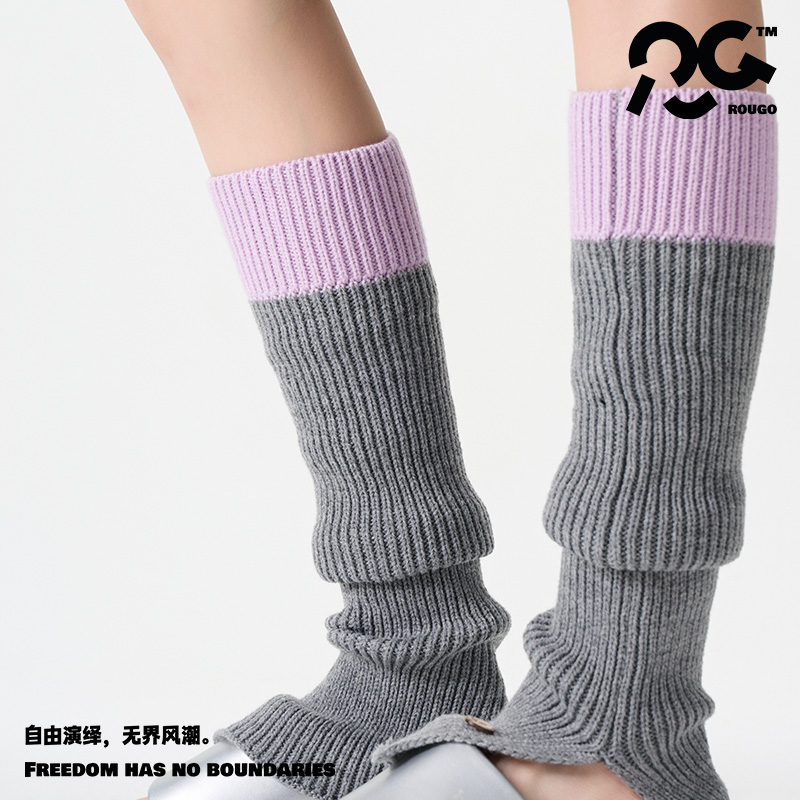 Rougo罗口灰色拼接撞色中筒纽扣针织袜套堆堆袜子女腿套保暖