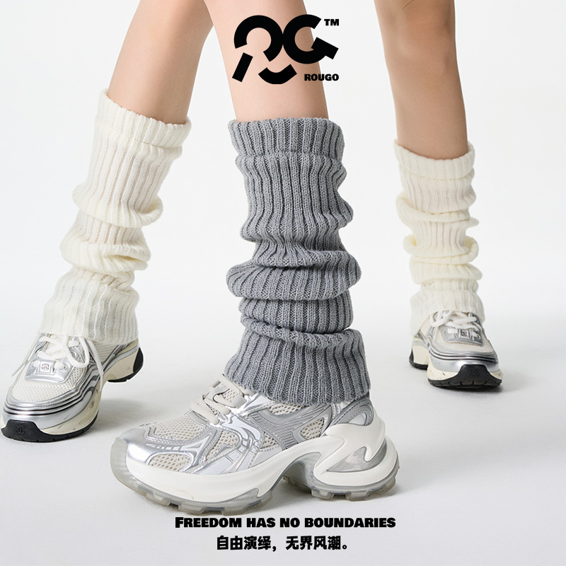 Rougo50cm灰色针织袜套秋冬白色中筒腿套保暖堆堆袜女毛绒春秋款