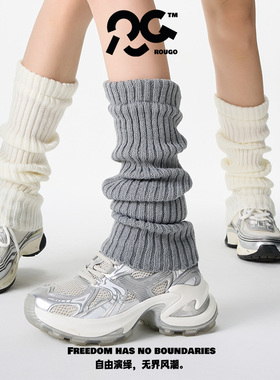 Rougo50cm灰色针织袜套秋冬白色中筒腿套保暖堆堆袜女毛绒春秋款