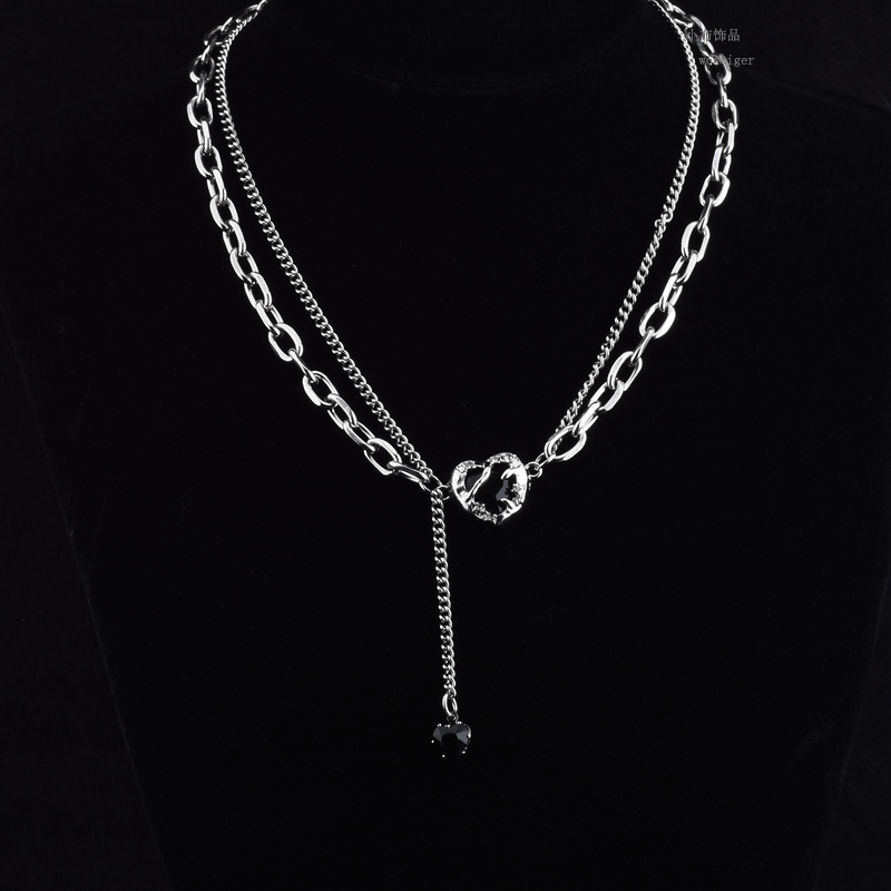钛钢双层女生爱心流苏锁骨链项链
