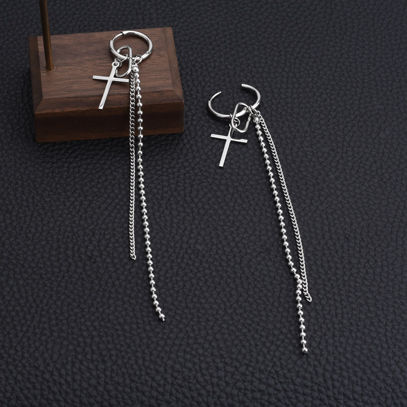 原创设计超长流苏耳环十字架链条拼搭耳圈酷女生耳饰没耳洞耳夹款,饰品/流行首饰/时尚饰品新,耳环,淘宝优惠券,粉丝福利购,淘宝优惠卷