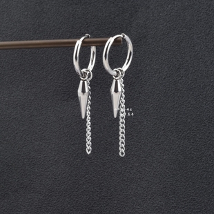 新款个性尖锥流苏耳环男士潮流耳饰不锈钢金属耳钉高品质女生耳夹