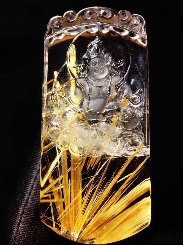 钛晶黄财神吊坠保真品胶花黄粉白紫老矿天然水晶财神挂件坠子佛像