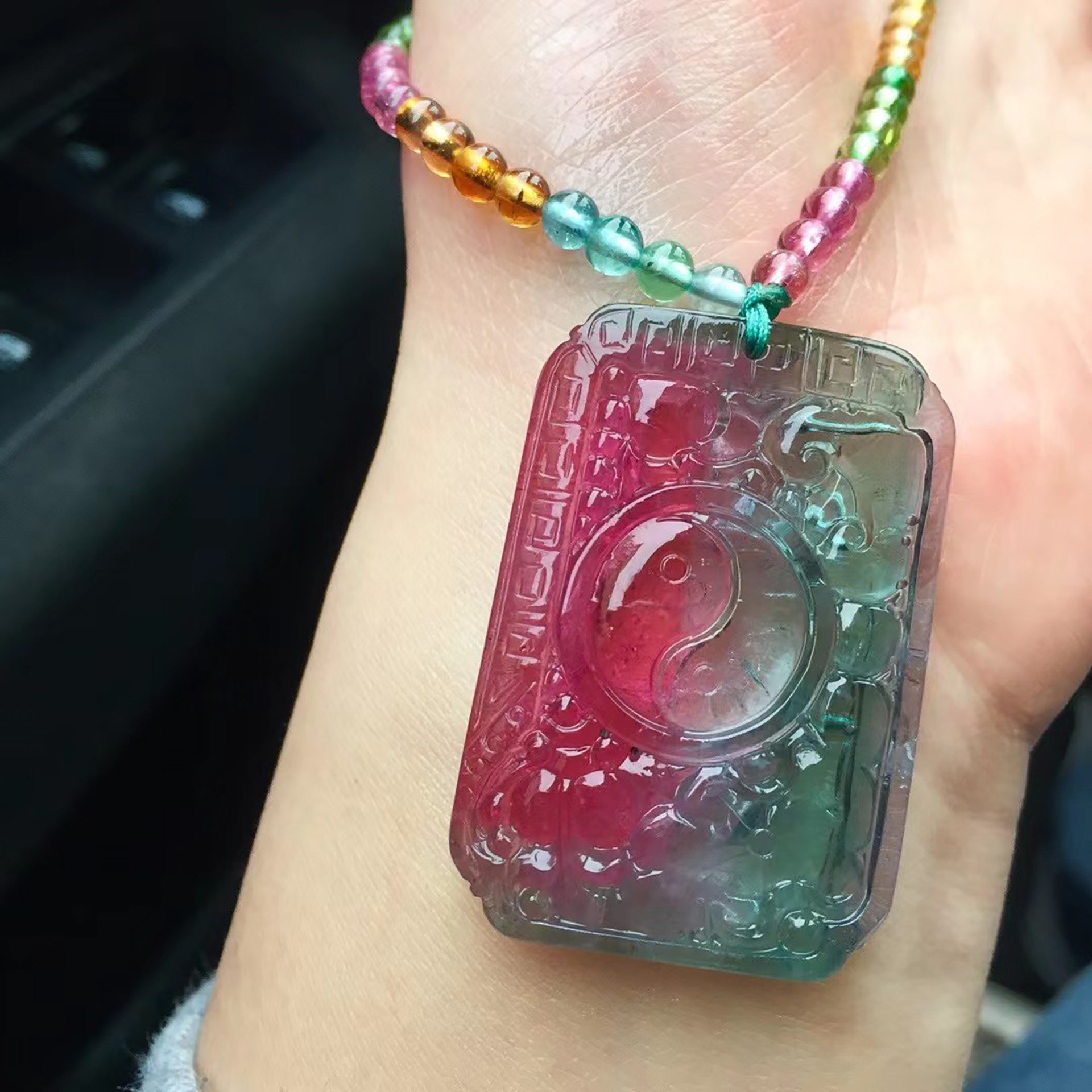 收藏西瓜碧玺吊坠老矿天然水晶饰品大师设计冰种碧玺八卦挂件坠子