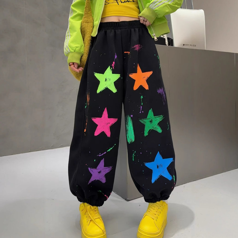 美式加绒休闲束脚裤秋冬新款彩色涂鸦星星保暖潮牌宽松街舞卫裤女