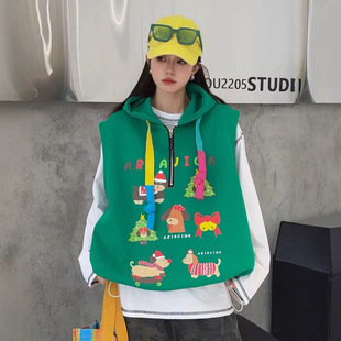 卡通印花半拉链连帽马甲外套女春秋装新款宽松无袖抽绳叠穿上衣