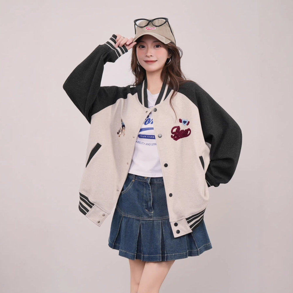 拼接撞色捧球服外套女春秋2026新款韩版洋气减龄刺绣插肩袖上衣