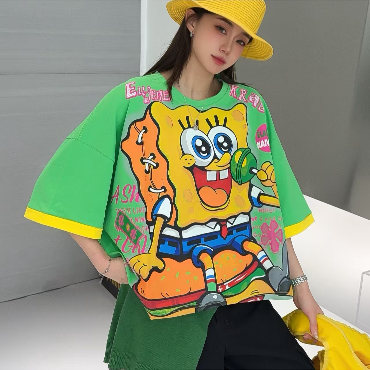 拼接动漫短袖T恤女夏季新款大码卡通字母洋气减龄宽松半截袖上衣