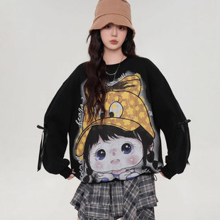 短款甜酷卫衣女秋季2025年新款爆款宽松蝴蝶结装饰圆领长袖上衣