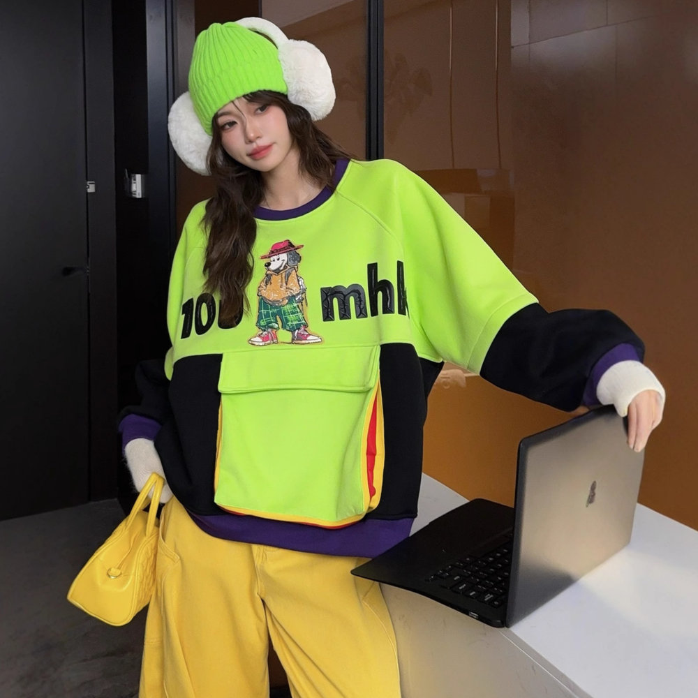 美式卡通拼色卫衣女2025新款秋冬大口袋加绒套头洋气减龄宽松上衣