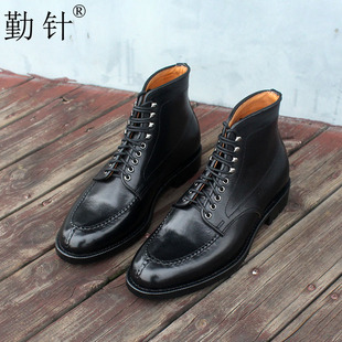 勤针纯手工穿线固特异头层皮靴马丁靴分裂头工装靴手工缝制挪威头