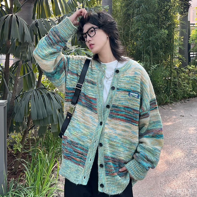 日系潮流油彩渐变情侣款毛衣秋季开衫圆领宽松针织羊毛衫外套男,男装,针织衫/毛衣,淘宝优惠券,粉丝福利购,淘宝优惠卷