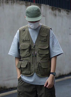 炸街！欧美单夏款男士户外多功能多口袋工装网眼速干透气马甲背心