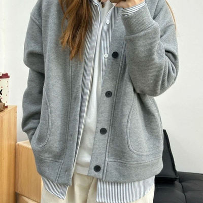 美式复古灰色华夫格V领卫衣