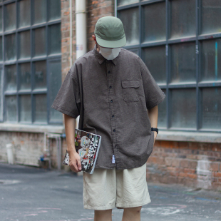 衬衫 BDF日系文艺复古格子衬衣夏季 工装 流行翻领宽松休闲短袖 男士