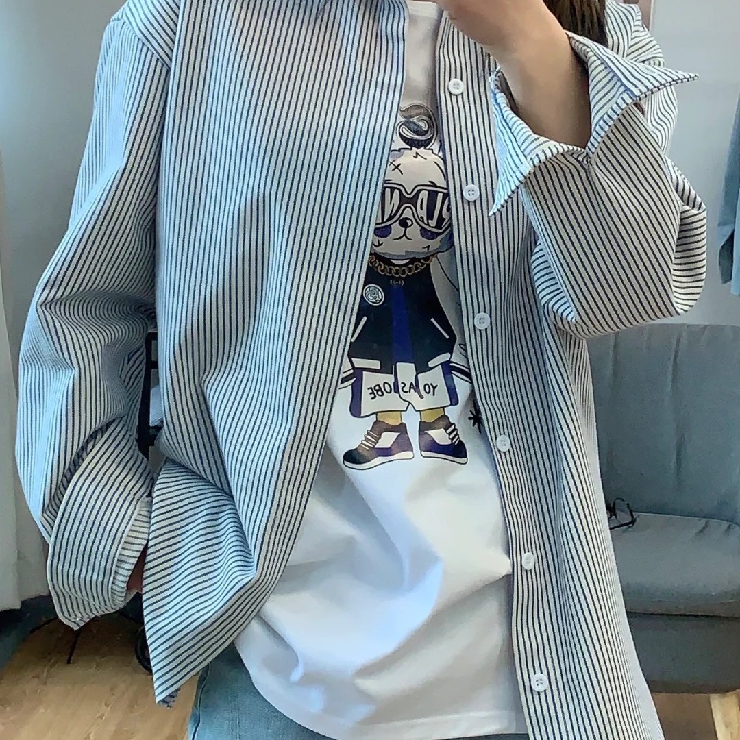 日系复古百搭蓝白竖条纹长袖衬衫秋季男女同款休闲宽松衬衣外套