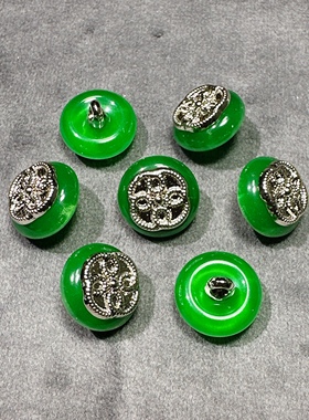 12mm新中式国风深绿色扁珠纽扣银色花托手工diy女装旗袍汉服辅料