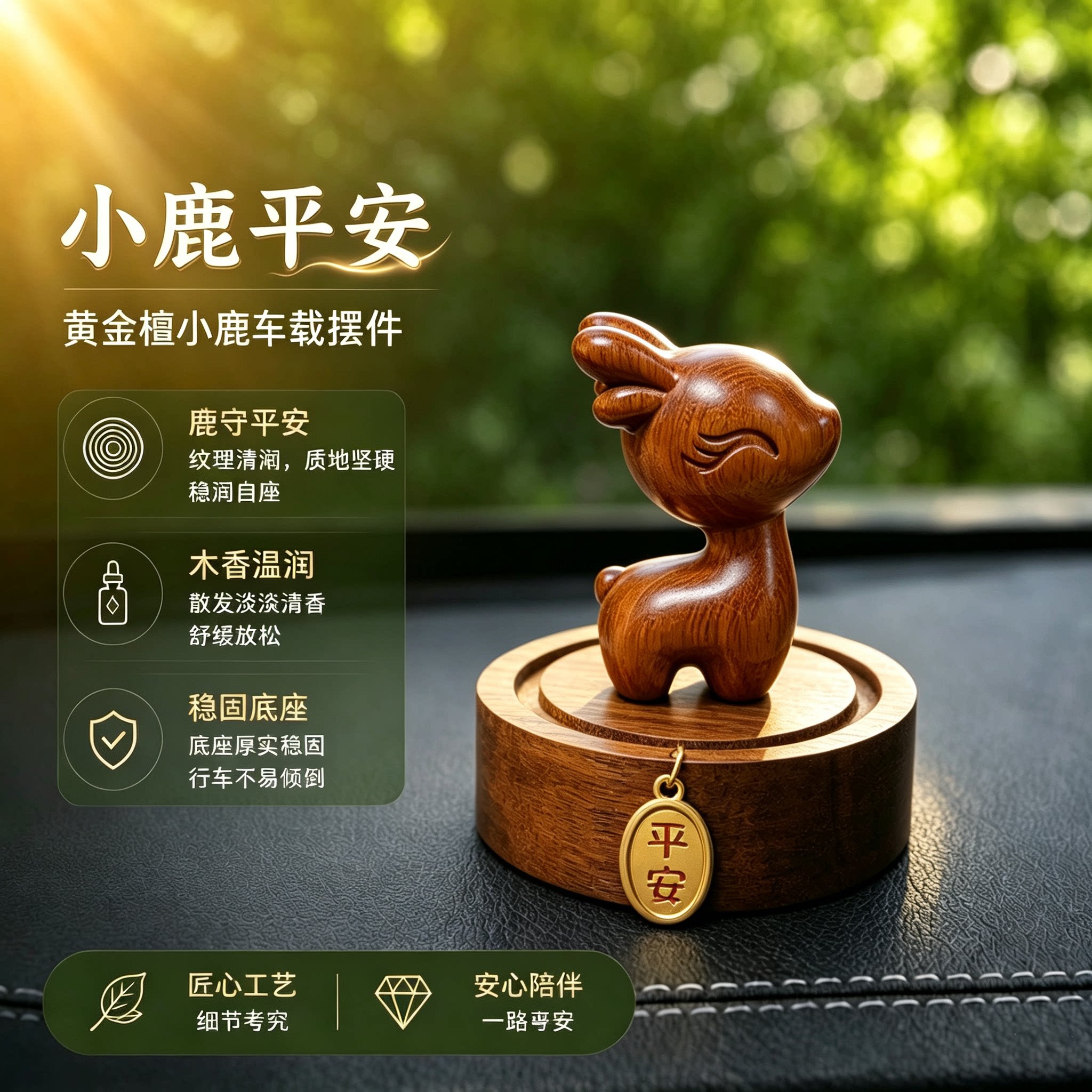 黄金檀木质一鹿平安汽车摆件车小鹿摆件桌面装饰品平安寓意工艺