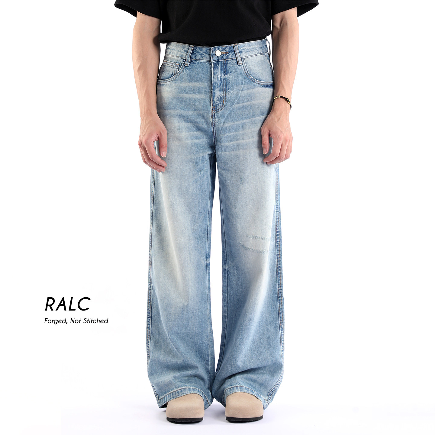 RALC美式做旧浅蓝宽松牛仔裤男图片