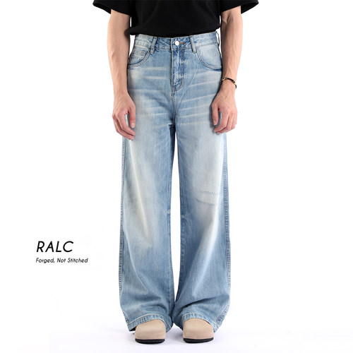 RALC美式做旧浅蓝宽松牛仔裤男