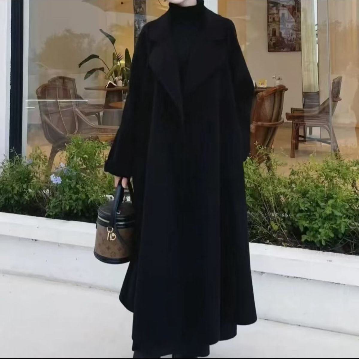 双面绒大衣女中长款系带宽松2025西装领过膝春秋毛呢外套保暖新款