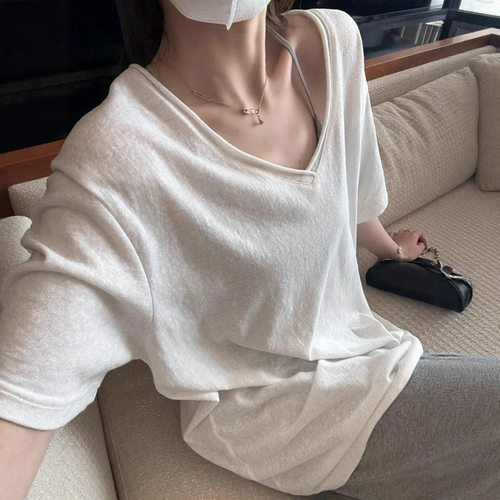 韩系松弛感雪花肌理卷边v领短袖t恤女夏季新款慵懒风百搭薄款上衣