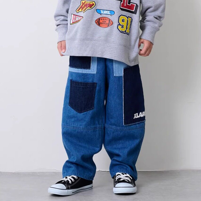 日本代购 童装 X-largeKids 棉柔丹宁布拼接阔腿宽松牛仔裤